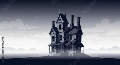 Atmospheric Victorian Mansion Silhouette Shrouded in Fog