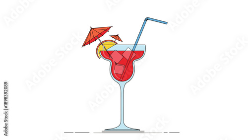 Refreshing red cocktail in a margarita glass garnished with ice cubes, a lemon slice, a straw, and two small red drink umbrellas.