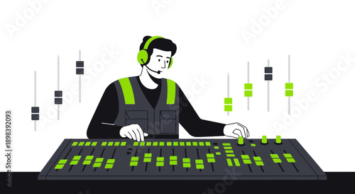 Audio Engineer Working On A Sound Mixing Board With Visualizers