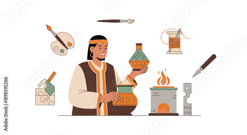 Artisan Crafting Traditional Pottery and Textiles with Ancient Tools