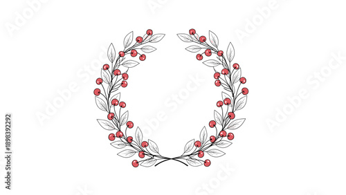 Delicate circular wreath made of sketched leaves and clusters of small red berries presented as a vintage style illustration.