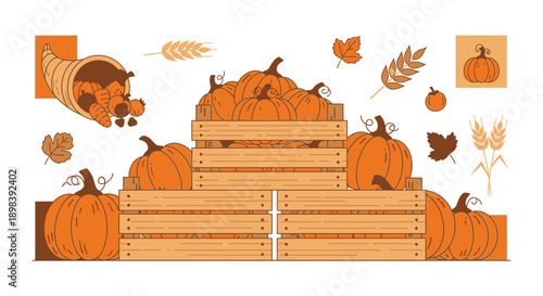 Autumn Harvest Bounty Displayed In Wooden Crates And Cornucopia