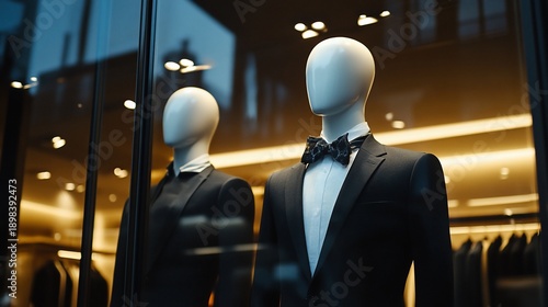 Mannequins display suits, city storefront, night