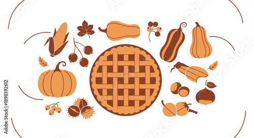 Autumn Harvest Pie And Seasonal Bounty Illustrations