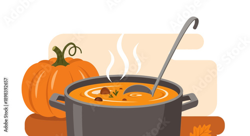 Autumn Harvest Pumpkin Soup In Pot Delicious Season Food Illustration