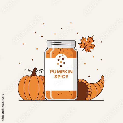 Autumn Harvest Spice Jar With Pumpkin And Cornucopia Illustration