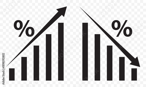 Graph going Up and Down sign with Black arrows vector. Flat design vector illustration concept of sales bar chart symbol icon with arrow moving down and sales bar chart with arrow moving up. EPS 10.