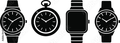 Four Different Styles of Watches Silhouettes on White Background Keywords: watch, time, clock, wristwatch, pocket watch, smart
