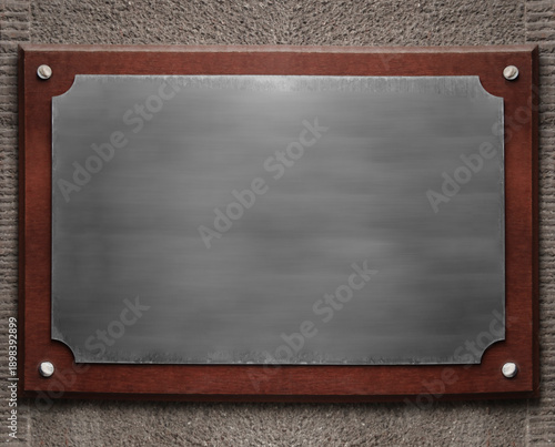new modern scrapped grey gray silver metal notice or signboard screwed to wooden board. Empty copy space for any text. Wooden frame hanging on concrete exterior wall