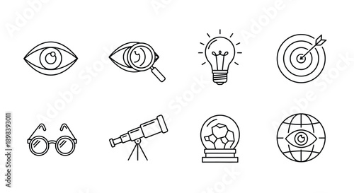 Illustrations of various objects representing vision, knowledge, and exploration