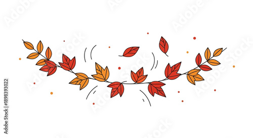 Autumnal Branch With Falling Leaves And Swirls Decoration