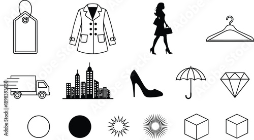 Minimal outline and solid icon set featuring fashion logistics city lifestyle and abstract symbols for modern web and graphic design