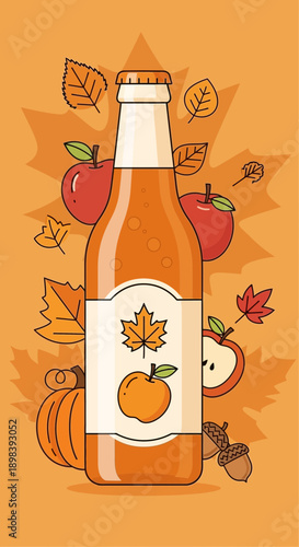 Autumnal Cider Bottle with Apples and Fall Foliage, An Illustration Featuring Harvest Elements