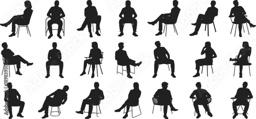 Silhouette group of diverse people sitting on chairs, various casual and relaxed poses, isolated vector icons, modern seating, male and female figures, black shadows.