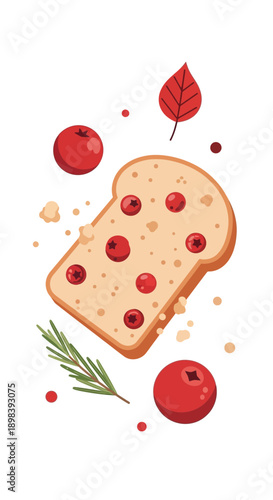 Autumnal Cranberry Bread Slice with Fresh Rosemary and Leaf Accents