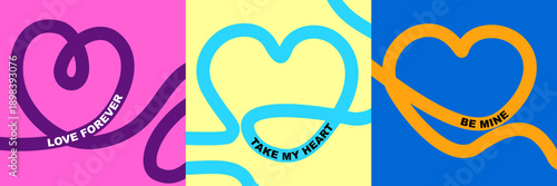 Abstract curl lines poster for Valentines day, colorful dynamic wavy curves line in heart forms, modern posters design, vibrant doodle shapes decoration