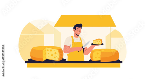 Artistic Representation Of A Cheerful Cheese Merchant Displaying Dairy Delicacies