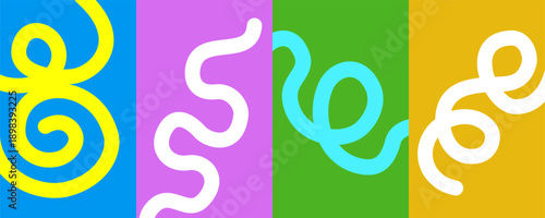 Abstract curl lines poster, colorful dynamic wavy curves forms, modern posters design, vibrant doodle shapes, party ribbons decoration