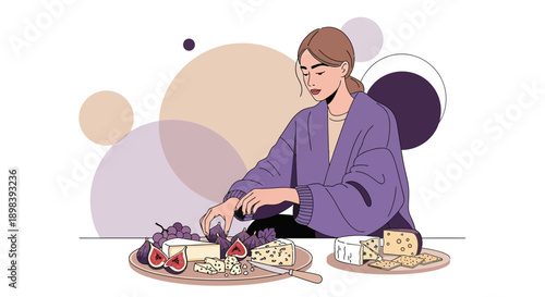 Artistic Woman Preparing Cheese Platter With Fruits And Grapes Minimalist Style