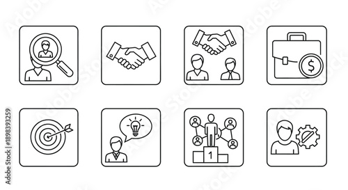 Diverse icons representing various business and professional activities