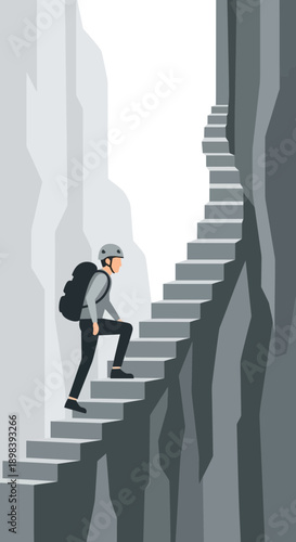 Ascending Rocky Steps Towards Bright Summit Success Metaphor