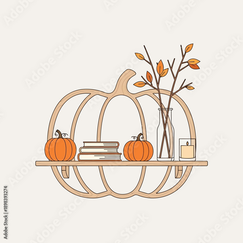 Autumnal Pumpkin Shelf Decor With Books Candles and Autumn Leaves
