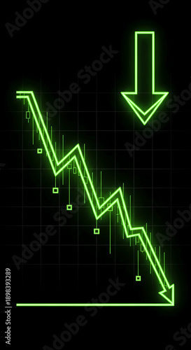 Glowing green line graph with a downward trend and a large arrow. Represents economic decline, financial loss, or negative market fluctuation