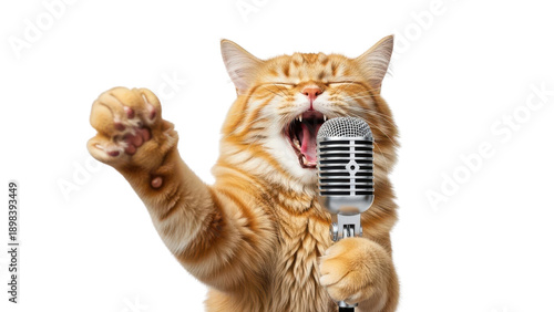 Ginger tabby cat singing into vintage silver microphone, mouth wide open, paw raised, isolated PNG with Transparent Background
