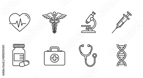 Icons representing various aspects of the medical and healthcare industry