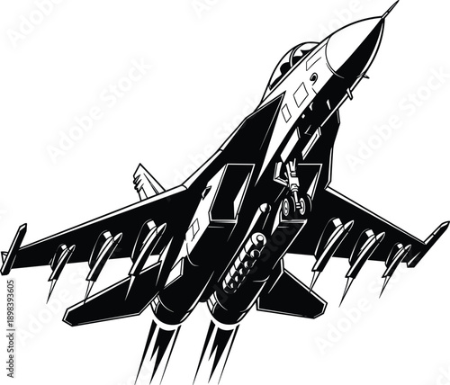 Modern military fighter jet illustration showing powerful combat aircraft in dynamic upward angle isolated on white background vector design concept