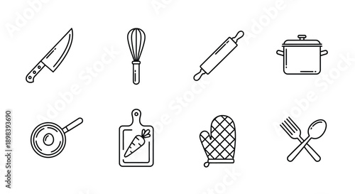 A collection of kitchen utensils and appliances in a minimalist line drawing style