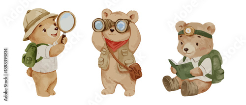 Cute hand drawn bear explorers set with backpack, magnifying glass and book, adventurous woodland animal characters in soft watercolor illustration style