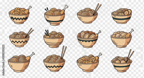 Collection of Various Noodle Bowls with Utensils.