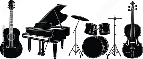 Collection of musical instruments in black silhouette on white background acoustic guitar grand piano