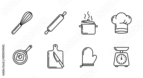 A collection of essential kitchen tools and utensils for cooking and baking