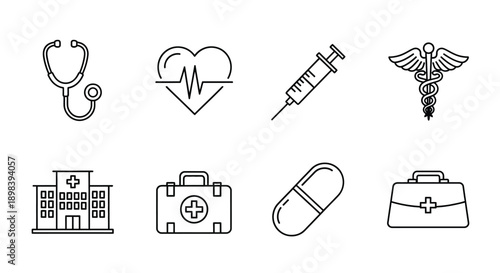 Medical icons representing healthcare and medical services in a variety of forms.