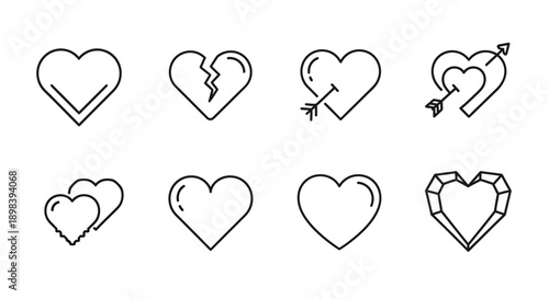 A collection of diverse heart shapes and symbols in a variety of styles and designs.