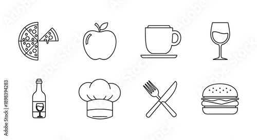 A variety of food and drink icons representing different culinary elements.