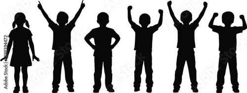 Silhouettes of Children in Various Poses with Arms Raised and Pointed Keywords: children, kids, silhouette, group, standing