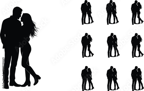 Silhouette couple in romantic pose, man and woman hugging, expressing love, affection, passion, emotional connection, intimacy, relationship, and closeness togethe