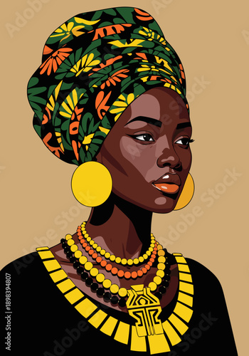 African Woman Vector Illustration with Traditional Headwrap and Jewelry