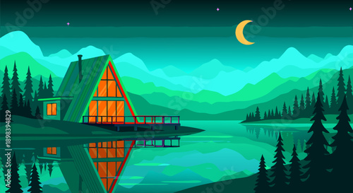 Tranquil lakeside cabin at night, serene mountain landscape, vector illustration, peaceful nature scene with crescent moon