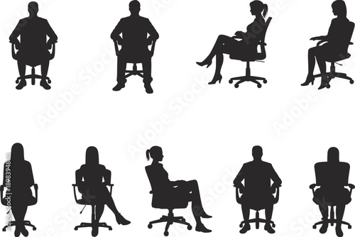 Silhouette of business people sitting on office chairs, workplace posture, corporate environment, teamwork, professional setting, waiting area concept, ergonomic seating.