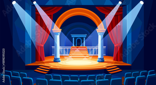 Stage Lighting Vector Illustration of a Theatre Auditorium with Auditorium Seats and Decorative Columns