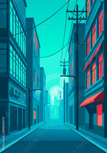 Vector illustration of a neon-lit street at dusk with tall buildings and streetlights in a teal and orange color scheme