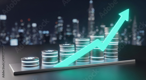 Stack of coin in increasing order with green arrow over metallic surface, showcasing financial growth and success, representing investment increase