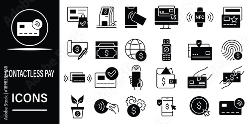 Contactless payment icon set. Contactless wireless pay sign. Tap to pay, credit card, wave sign for secure contactless wireless transactions.