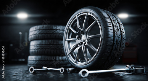 Modern tire service banner with car tire, shiny rim, and tools on dark garage background, perfect for automotive repair or tire shop promotion.