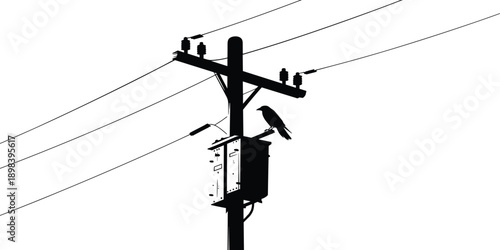 Silhouette of electric power pole with bird perched on transformer, black and white vector illustration, high voltage wires, urban utility design