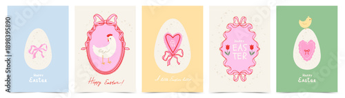 Cute Easter greeting card set with eggs, chickens, flowers and whimsical border frames. Vintage design in trendy doodle hand drawn style